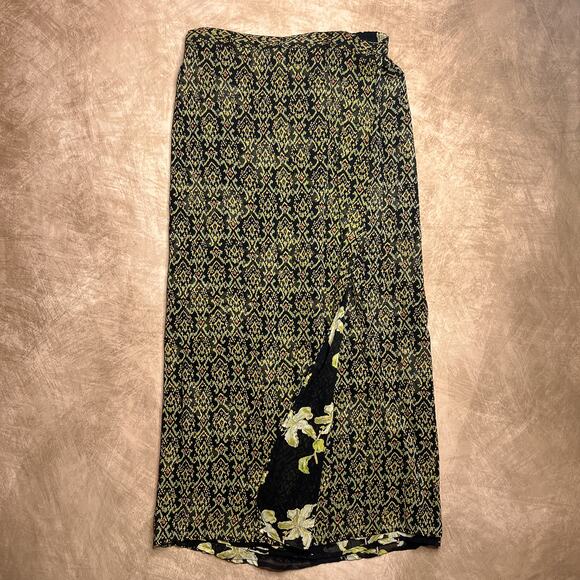 Vintage 90s Geometric Floral Print Reversible Faux Wrap Maxi Skirt Mesh Fairy - Picture 1 of 8